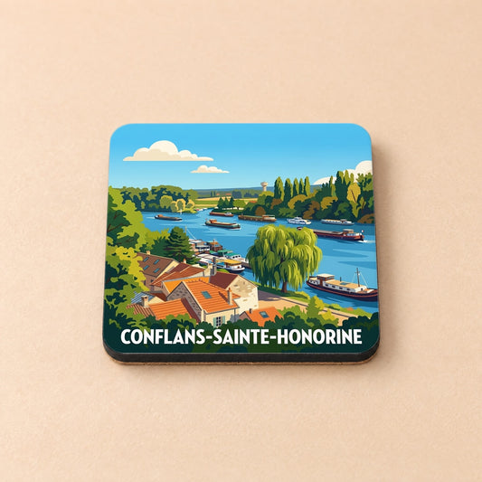 Dessous de verre souvenir de la ville de Conflans-Sainte-Honorine avec une illustration stylisée des bords de Seine.
