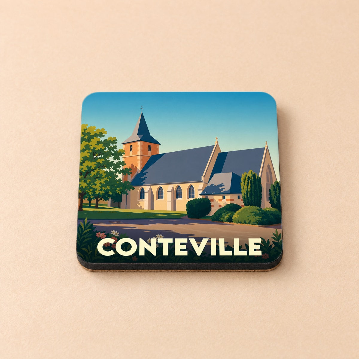 Dessous de verre souvenir de la ville de Conteville avec une illustration stylisée d'une église de campagne.