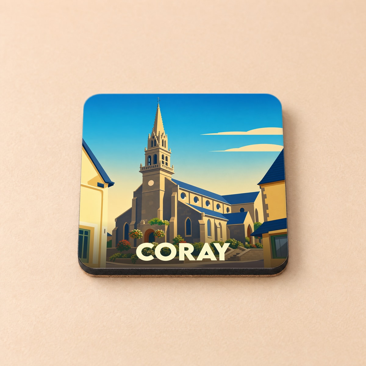 Dessous de verre souvenir de la ville de Coray avec une illustration stylisée de son église.
