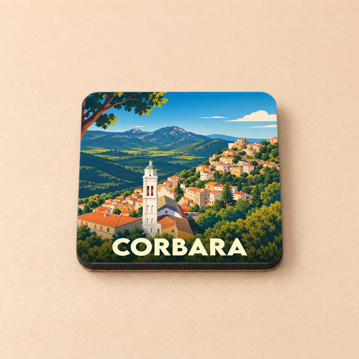Dessous de verre souvenir de la ville de Corbara avec une illustration stylisée de son paysage vallonné.