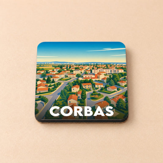 Dessous de verre souvenir de la ville de Corbas avec une illustration stylisée d'un paysage urbain.
