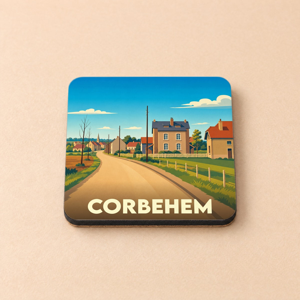Dessous de verre souvenir de la ville de Corbehem avec une illustration stylisée d'un paysage de campagne.