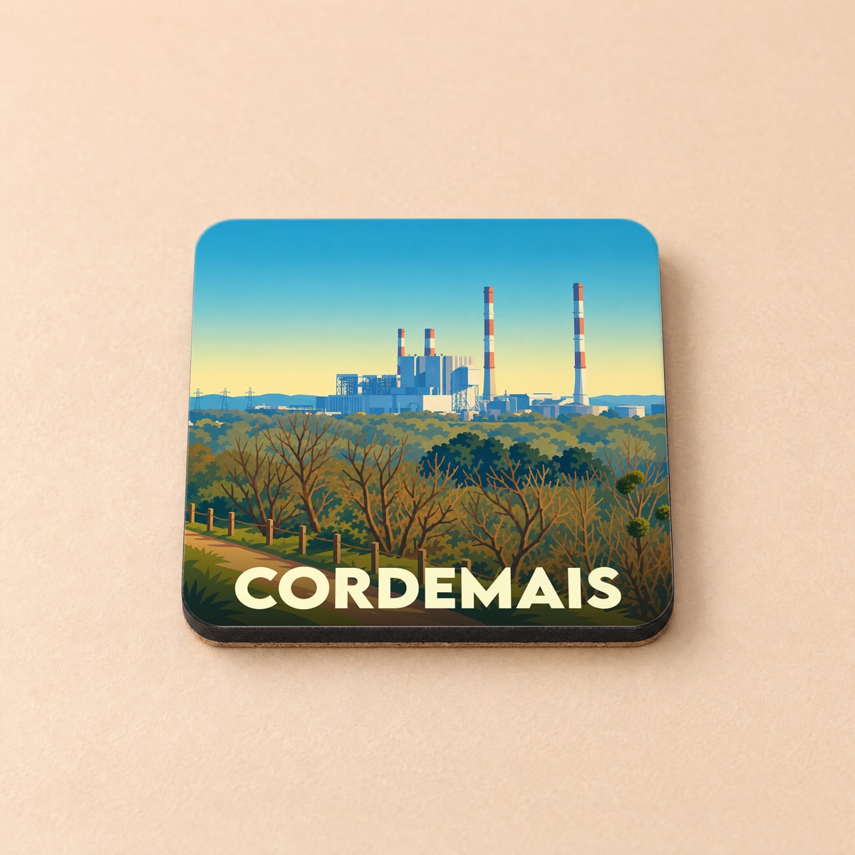 Dessous de verre souvenir de la ville de Cordemais avec une illustration stylisée de sa centrale thermique.