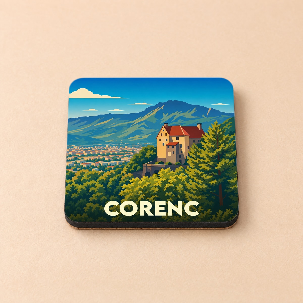 Dessous de verre souvenir de la ville de Corenc avec une illustration stylisée d'un bâtiment historique niché dans la montagne.