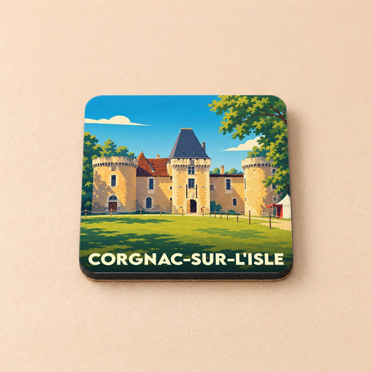 Dessous de verre souvenir de la ville de Corgnac-sur-l'Isle avec une illustration stylisée de son château.