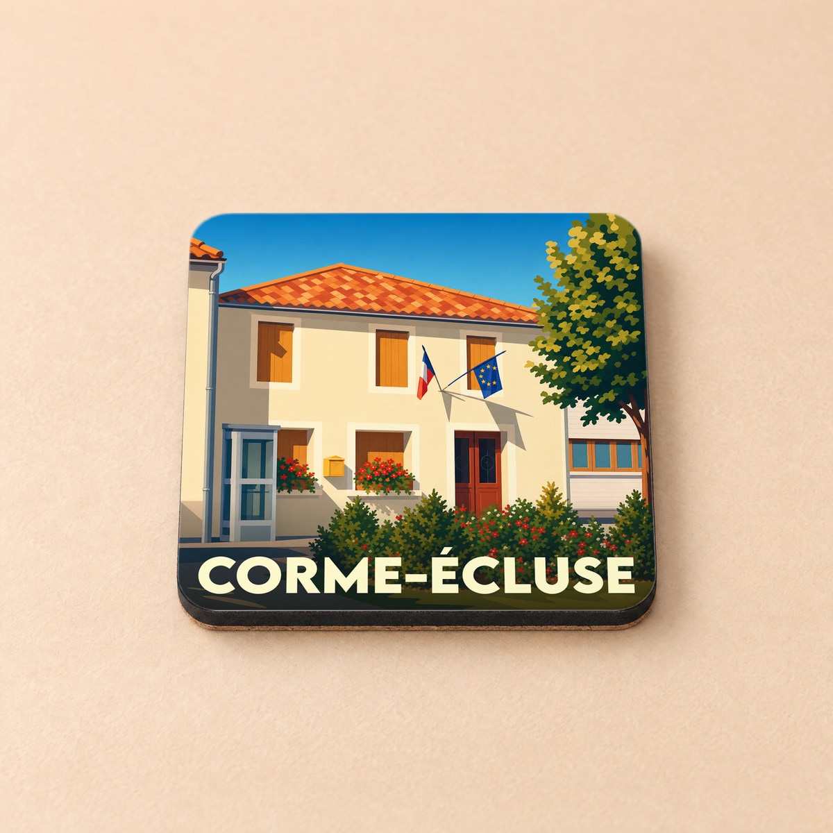 Dessous de verre souvenir de la ville de Corme-Écluse avec une illustration stylisée.