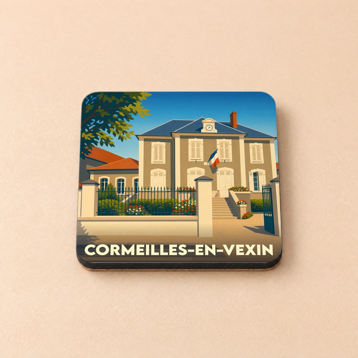 Dessous de verre souvenir de la ville de Cormeilles-en-Vexin avec une illustration stylisée de la mairie.