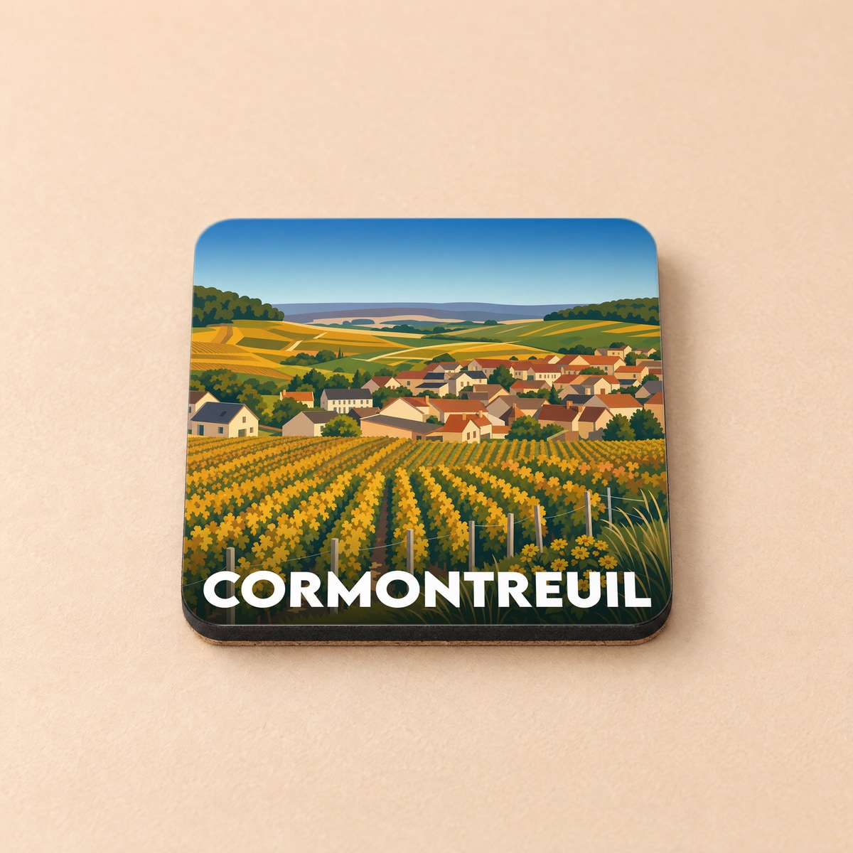 Dessous de verre souvenir de la ville de Cormontreuil avec une illustration stylisée de vignobles et d'un village.