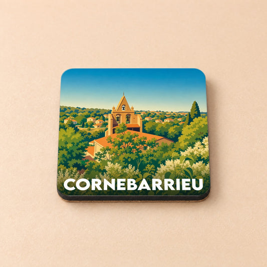 Dessous de verre souvenir de la ville de Cornebarrieu avec une illustration stylisée de son clocher.