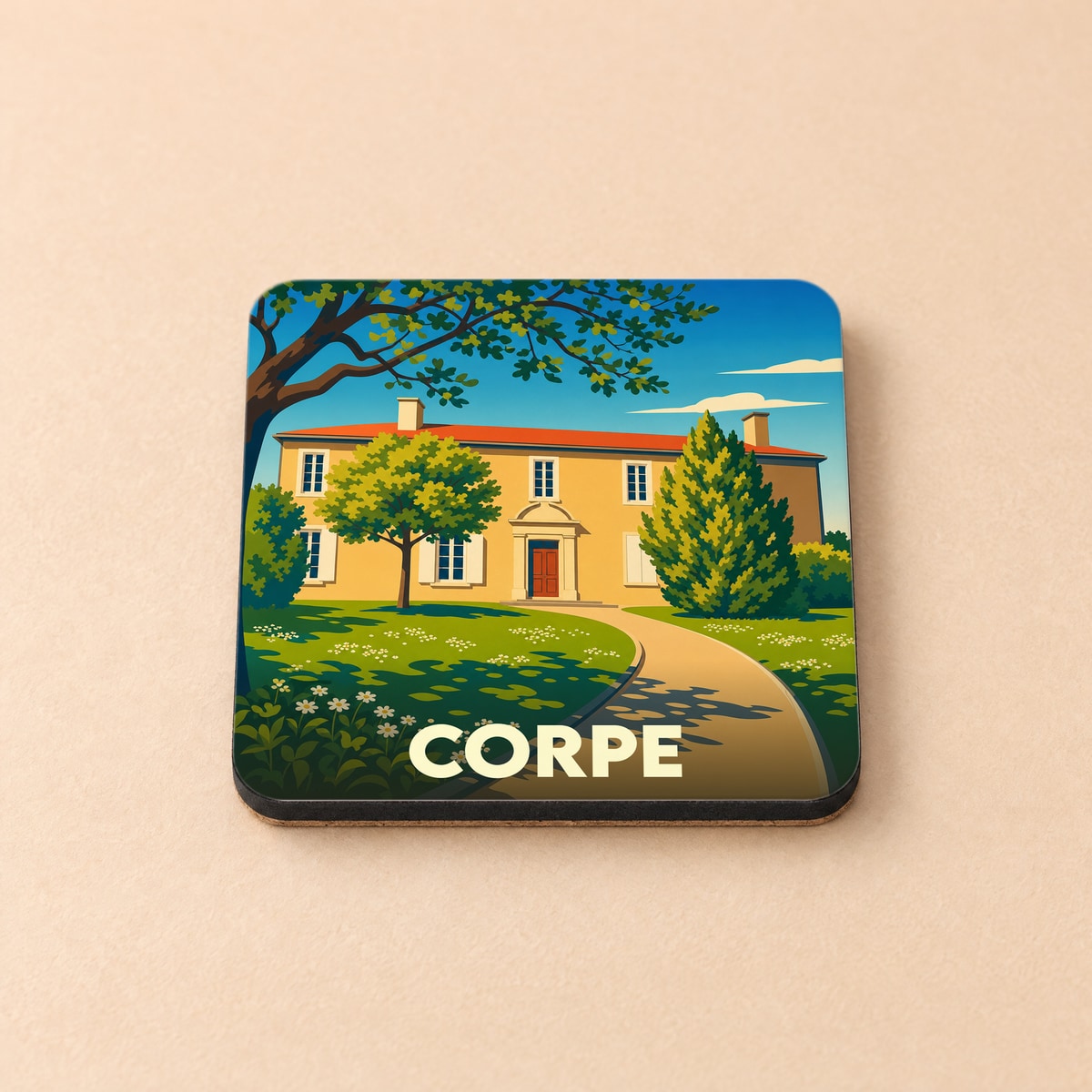 Dessous de verre souvenir de la ville de Corpe avec une illustration stylisée d'une maison de maître.