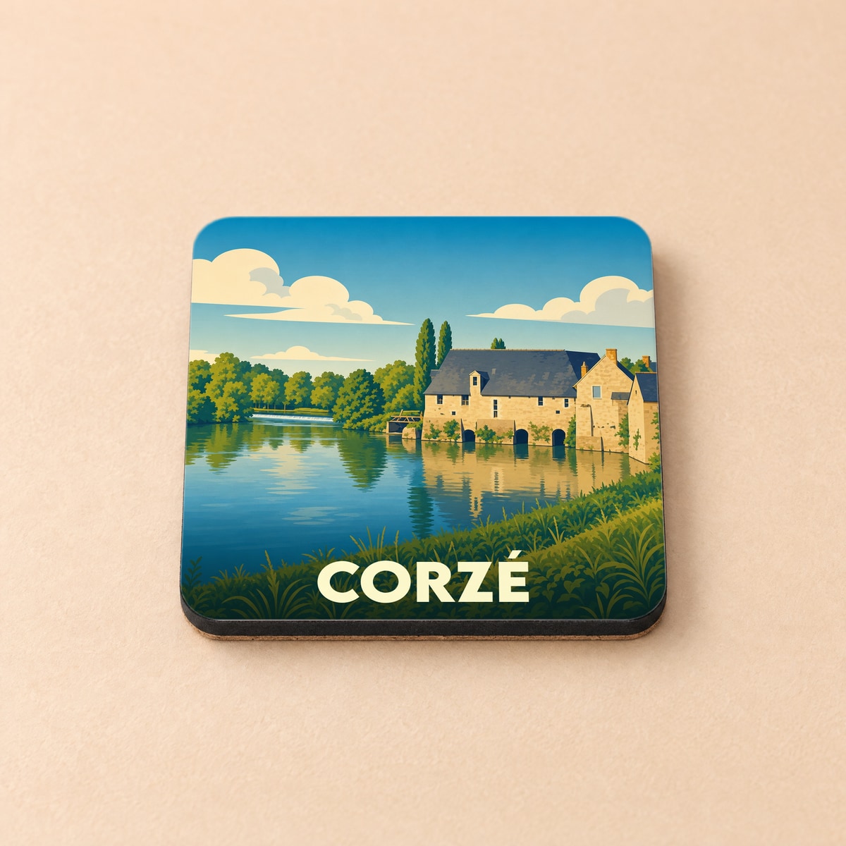 Dessous de verre souvenir de la ville de Corzé avec une illustration stylisée d'un moulin au bord de l'eau.