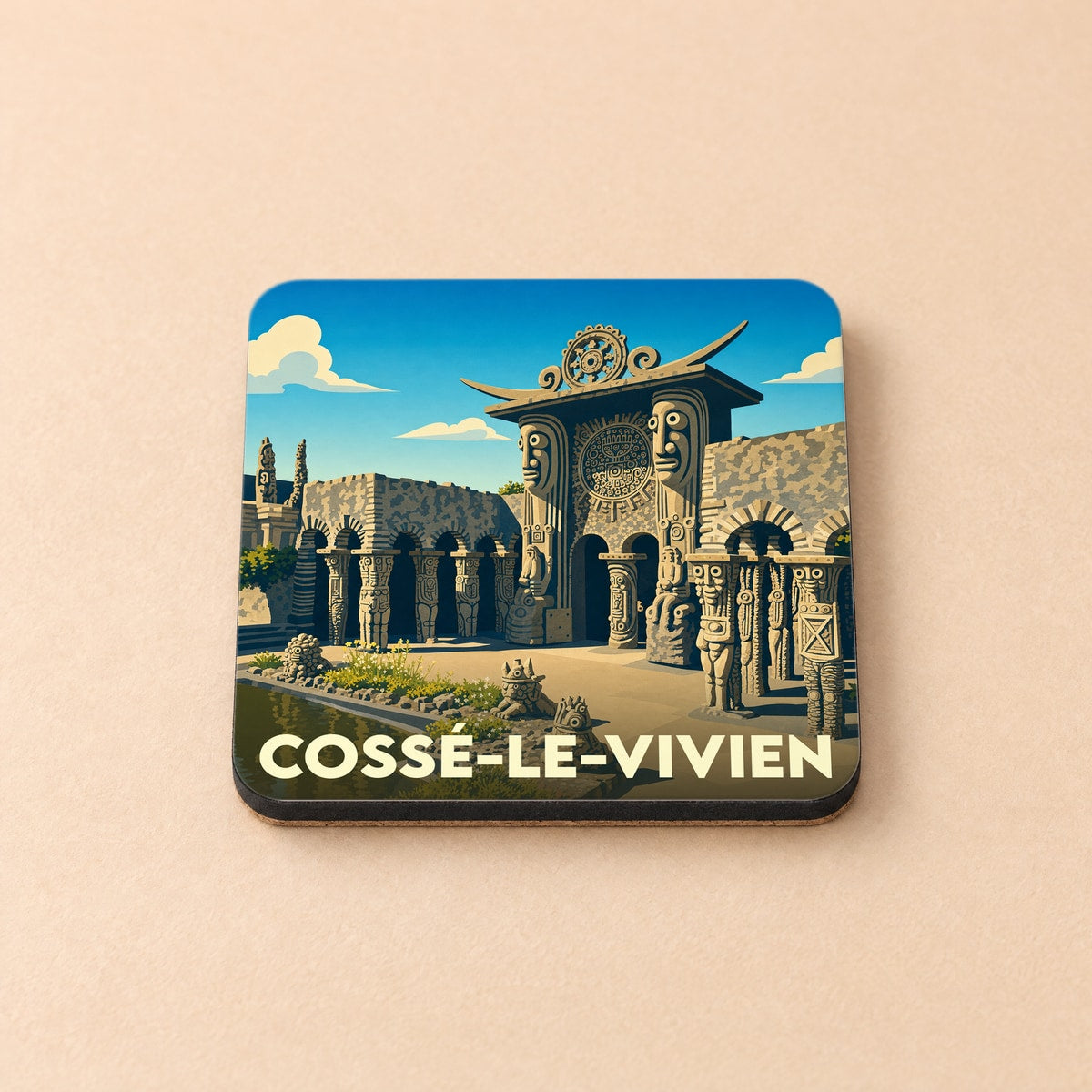 Dessous de verre souvenir de Cossé-le-Vivien illustrant l'architecture unique du musée Robert Tatin dans un style graphique épuré.