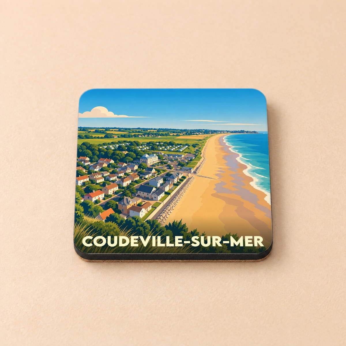Dessous de verre souvenir de la ville de Coudeville-sur-Mer avec une illustration stylisée de son front de mer.