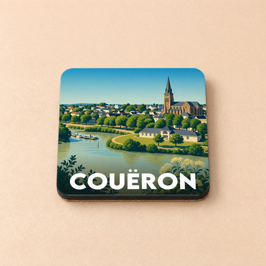 Dessous de verre souvenir de la ville de Couëron avec une illustration stylisée des bords de Loire.