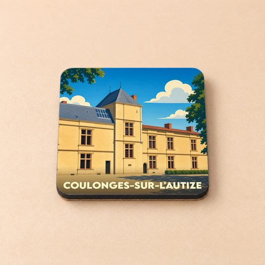 Dessous de verre souvenir de la ville de Coulonges-sur-l'Autize avec une illustration stylisée de son château.