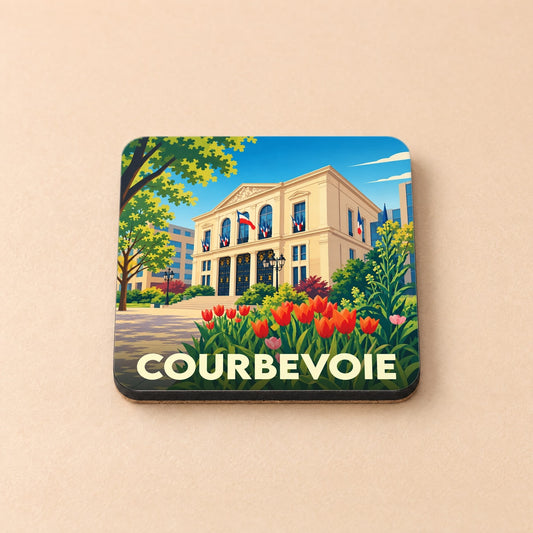Dessous de verre souvenir de la ville de Courbevoie avec une illustration stylisée de son hôtel de ville fleuri.