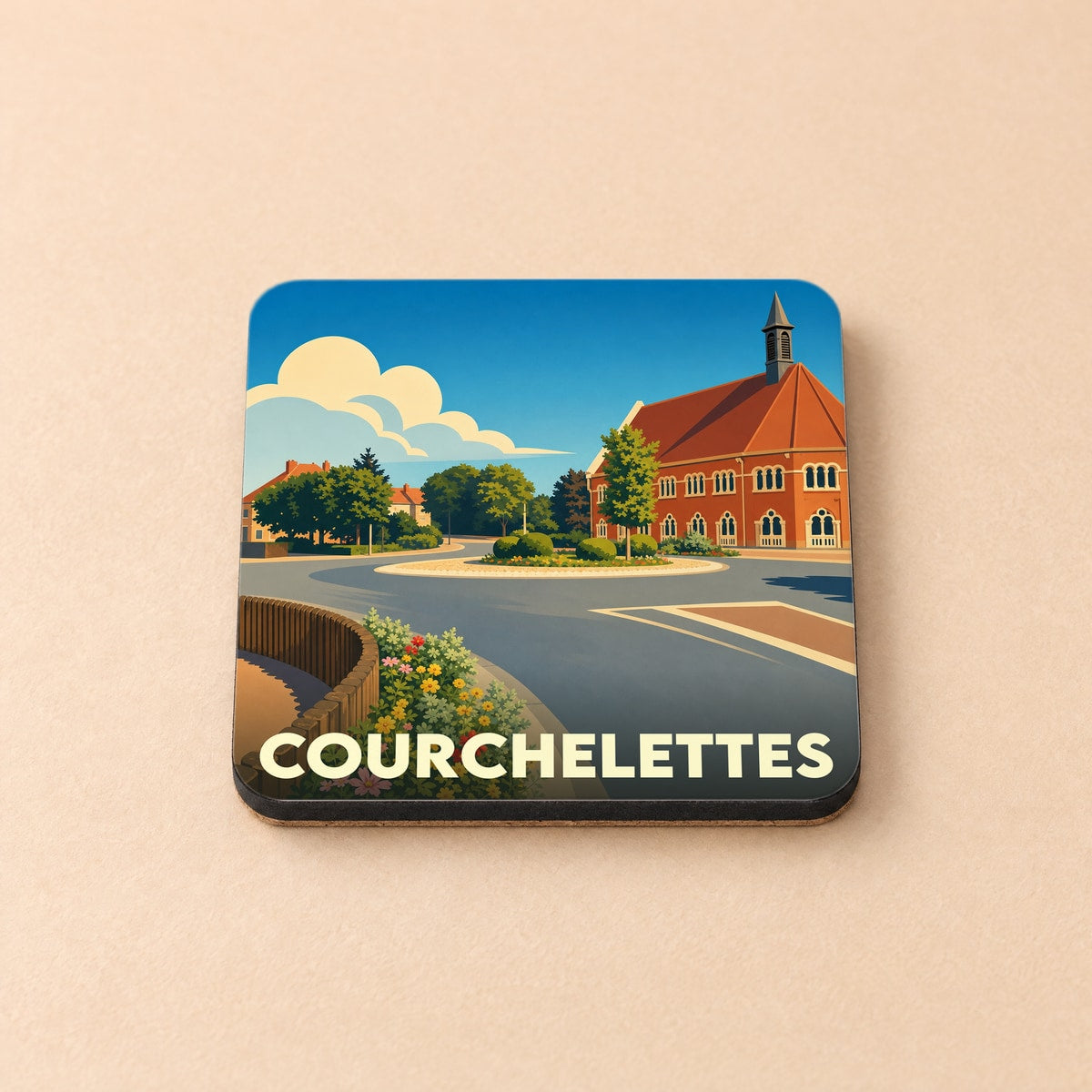 Dessous de verre souvenir de la ville de Courchelettes avec une illustration stylisée.