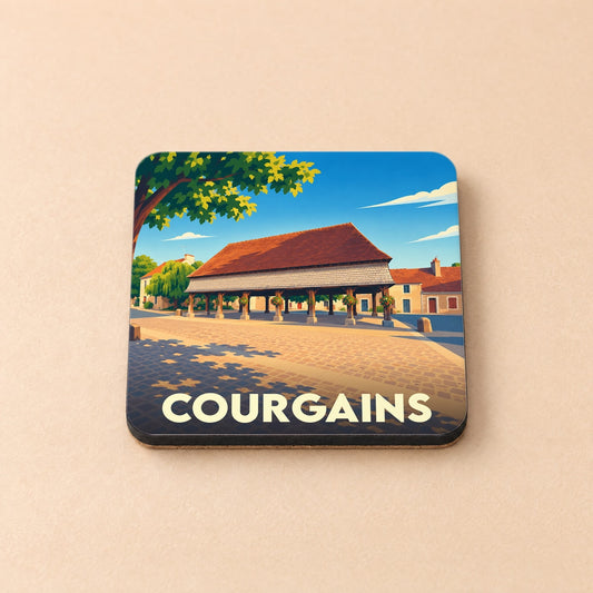 Dessous de verre souvenir de la ville de Courgains avec une illustration stylisée de ses halles historiques.
