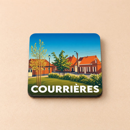 Dessous de verre souvenir de la ville de Courrières avec une illustration stylisée.