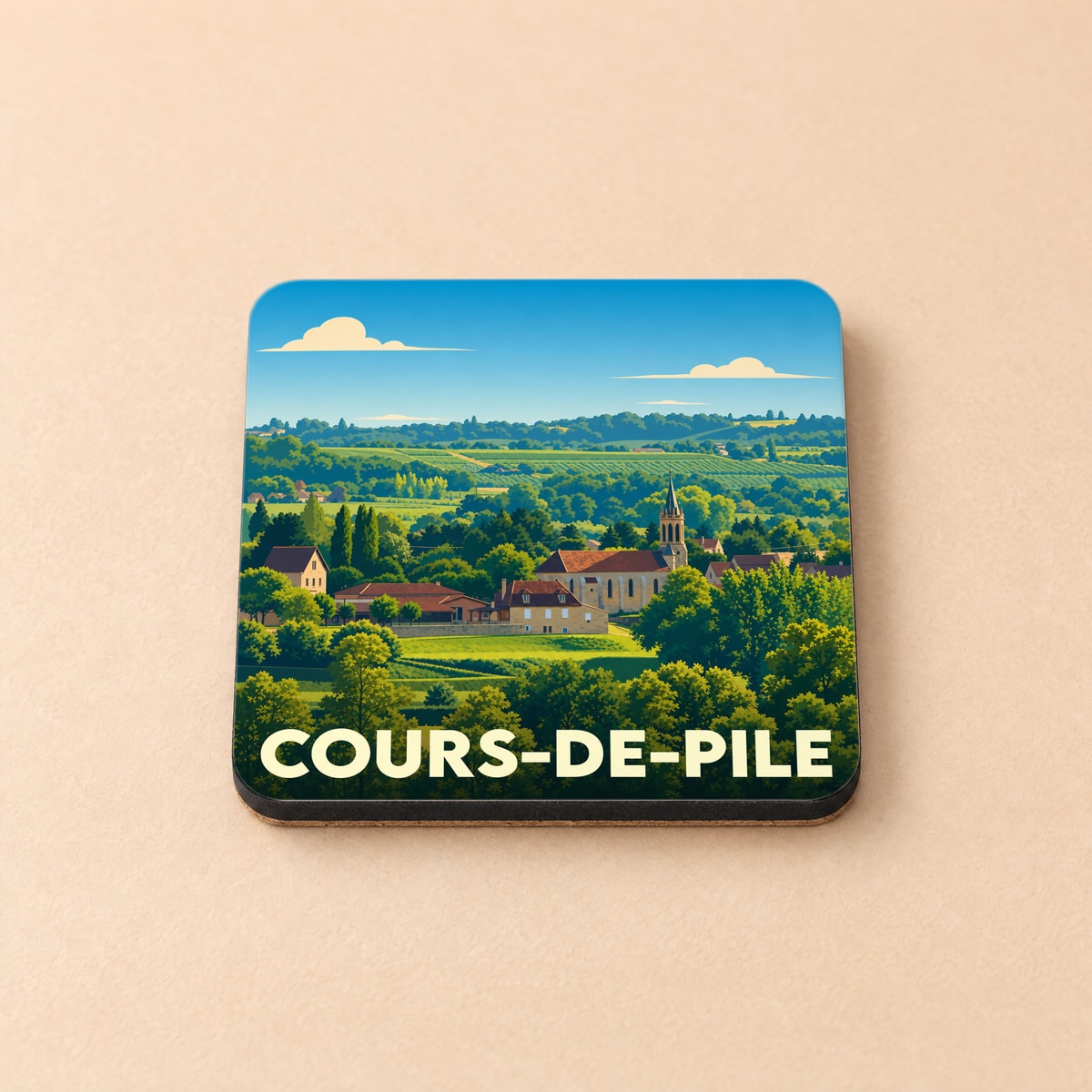 Dessous de verre souvenir de la ville de Cours-de-Pile avec une illustration paysagère stylisée.