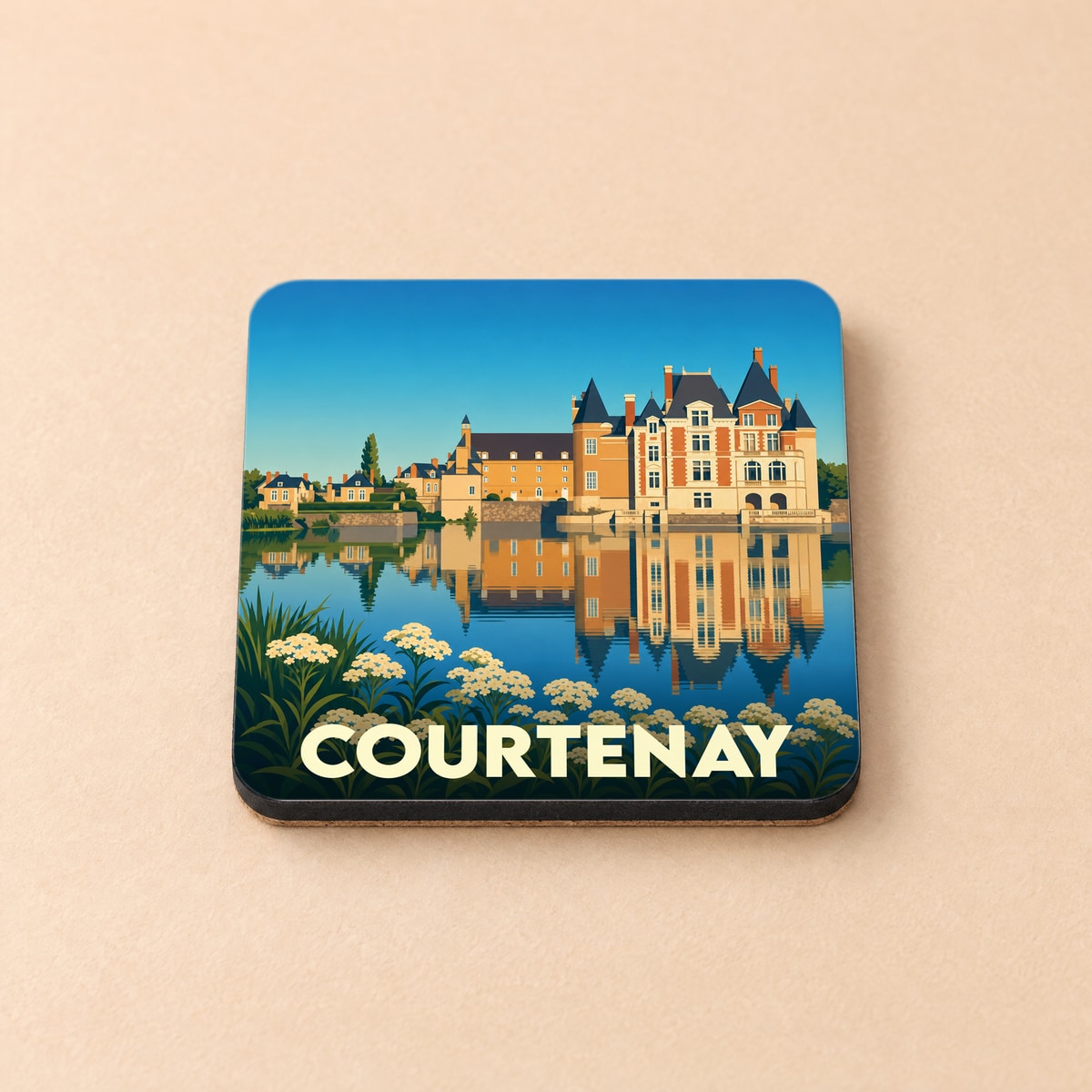 Dessous de verre souvenir de la ville de Courtenay avec une illustration stylisée d'un château se reflétant dans l'eau.