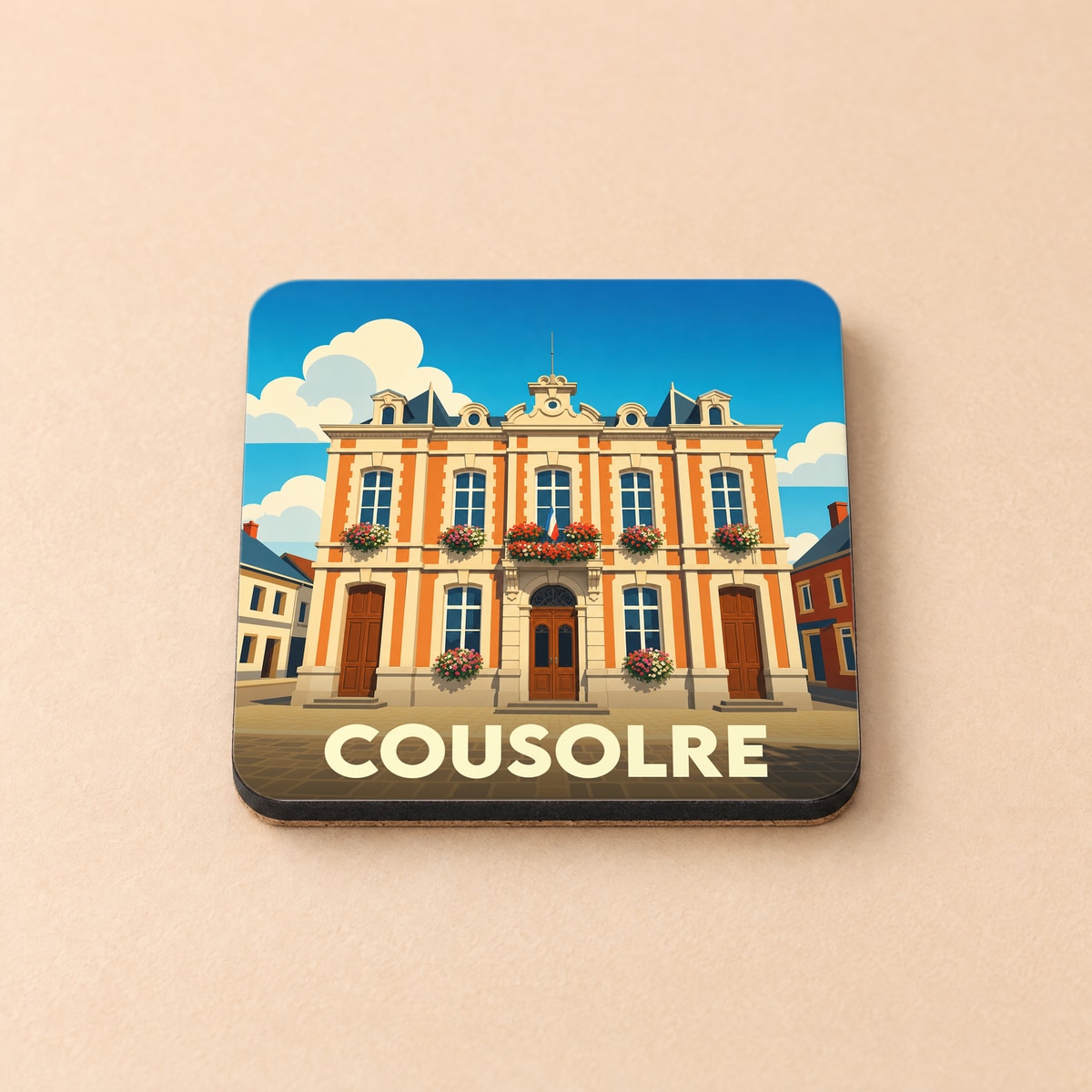 Dessous de verre souvenir de la ville de Cousolre avec une illustration stylisée de son hôtel de ville.