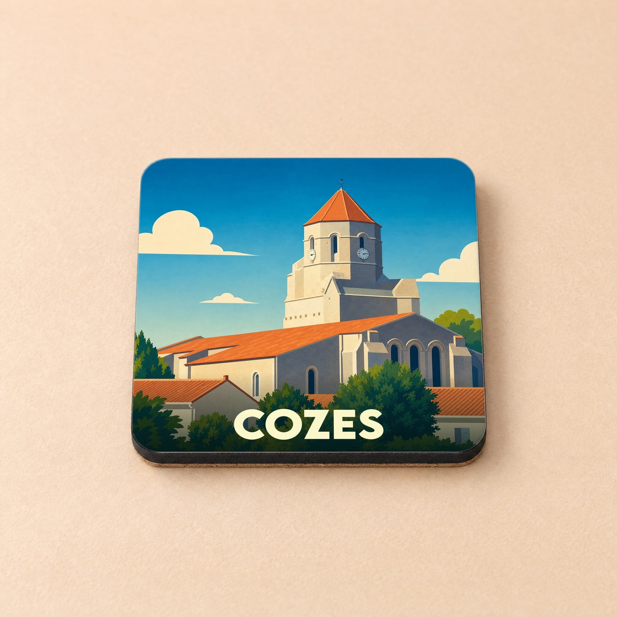 Dessous de verre souvenir de la ville de Cozes avec une illustration stylisée de son église.