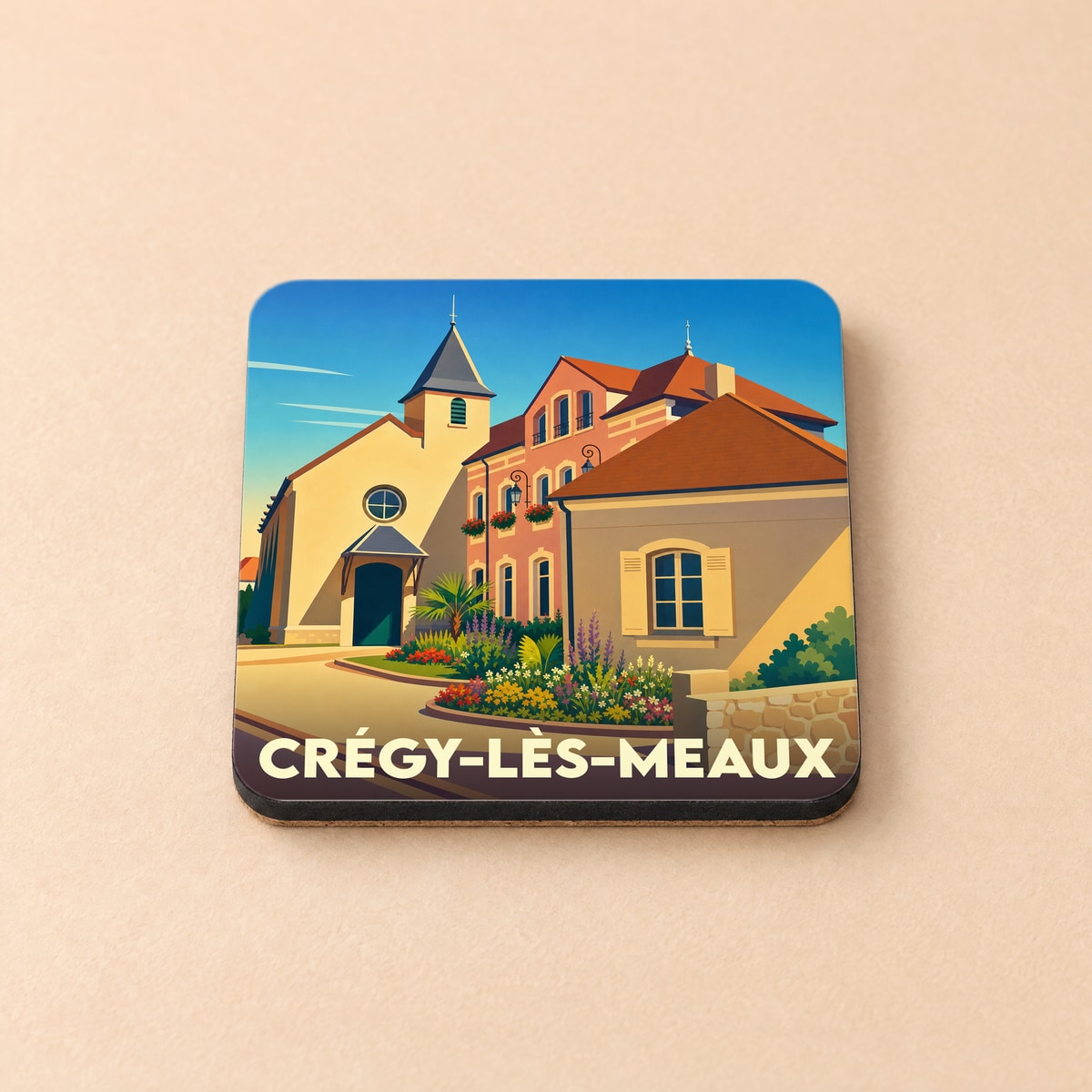Dessous de verre souvenir de la ville de Crégy-lès-Meaux avec une illustration stylisée de son église et de ses maisons fleuries.
