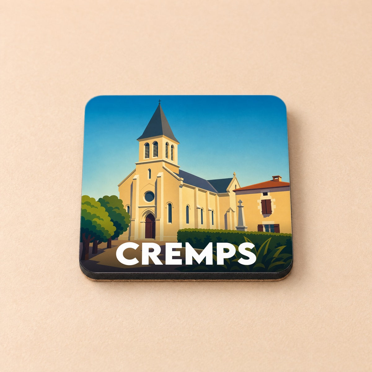 Dessous de verre souvenir de la ville de Cremps avec une illustration stylisée de son église.