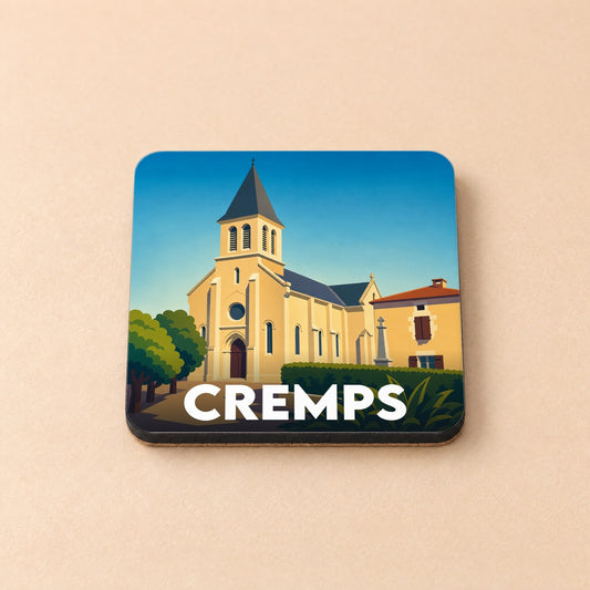 Dessous de verre souvenir de la ville de Cremps avec une illustration stylisée de son église.