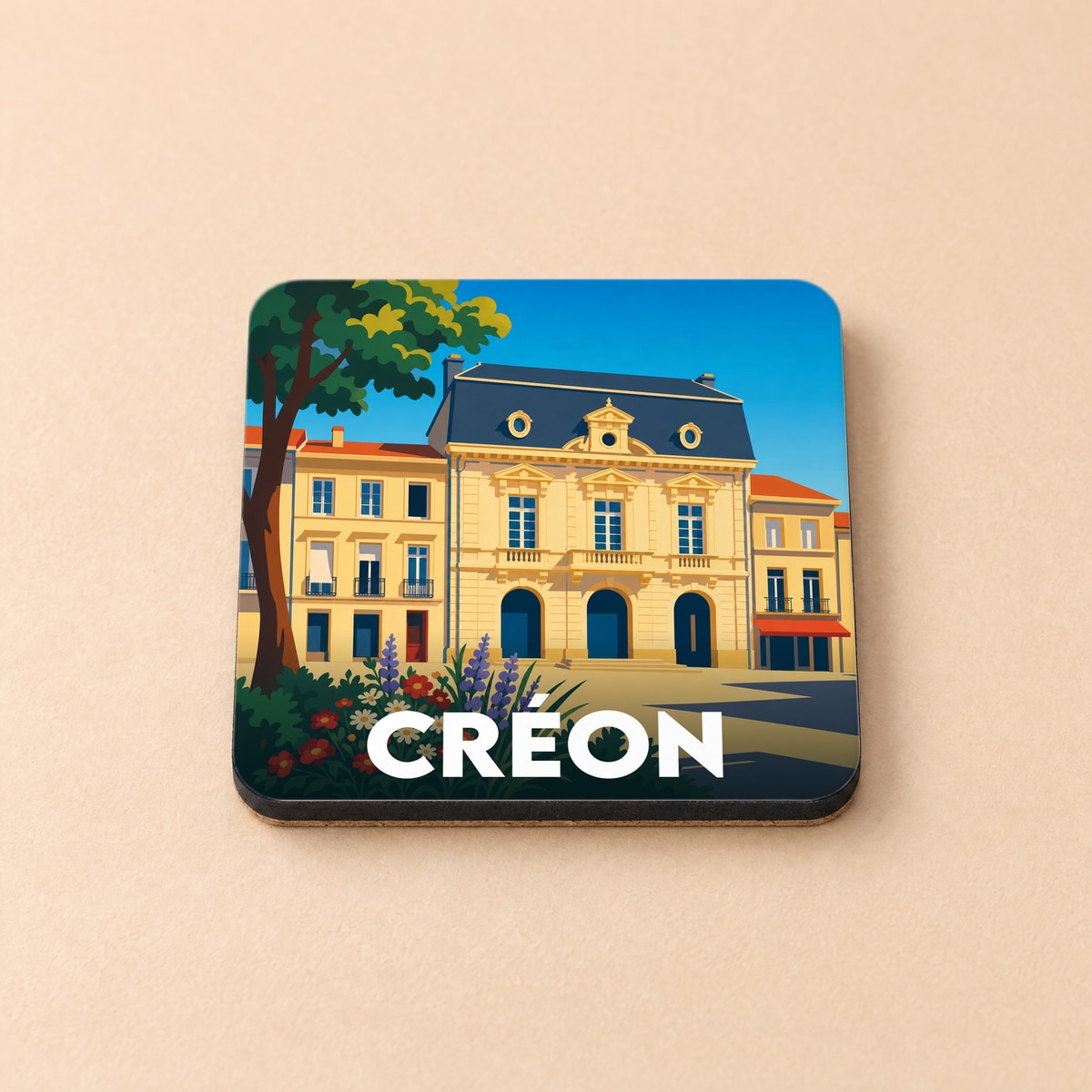Dessous de verre souvenir de la ville de Créon avec une illustration stylisée de sa mairie.