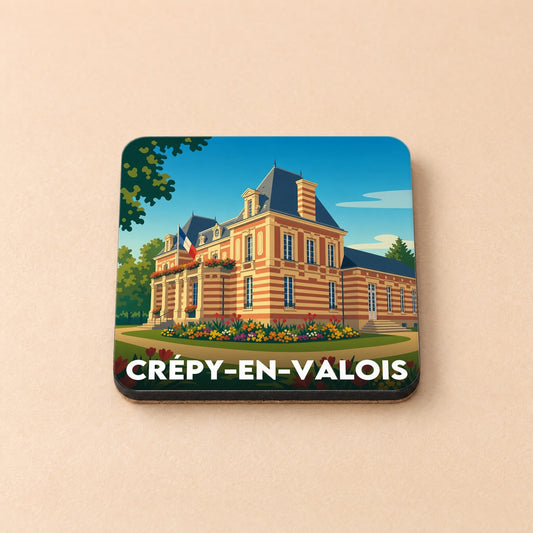 Dessous de verre souvenir de la ville de Crépy-en-Valois avec une illustration stylisée de son hôtel de ville.