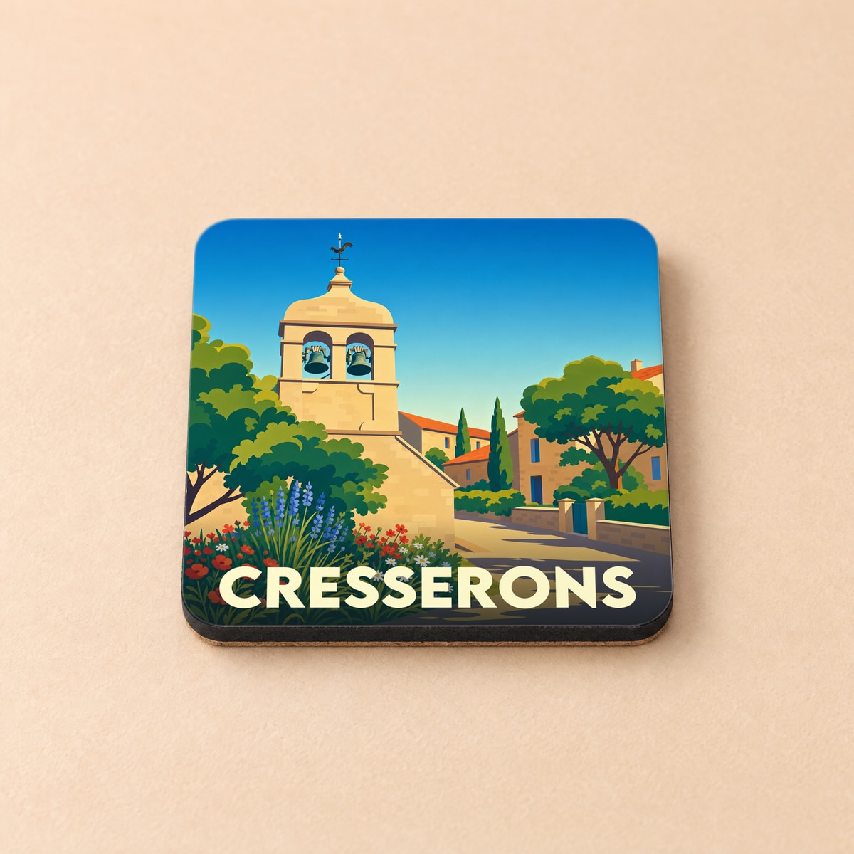 Dessous de verre souvenir de la ville de Cresserons avec une illustration stylisée.
