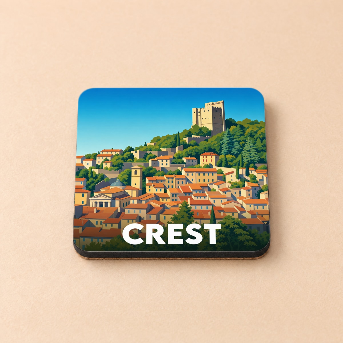 Dessous de verre souvenir de la ville de Crest avec une illustration stylisée d'un village médiéval.