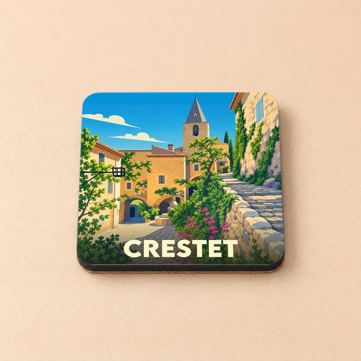 Dessous de verre souvenir de la ville de Crestet avec une illustration stylisée d'un village provençal.