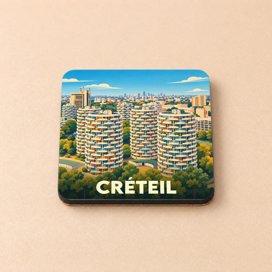 Dessous de verre souvenir de la ville de Créteil avec une illustration stylisée de ses célèbres immeubles en forme de choux.