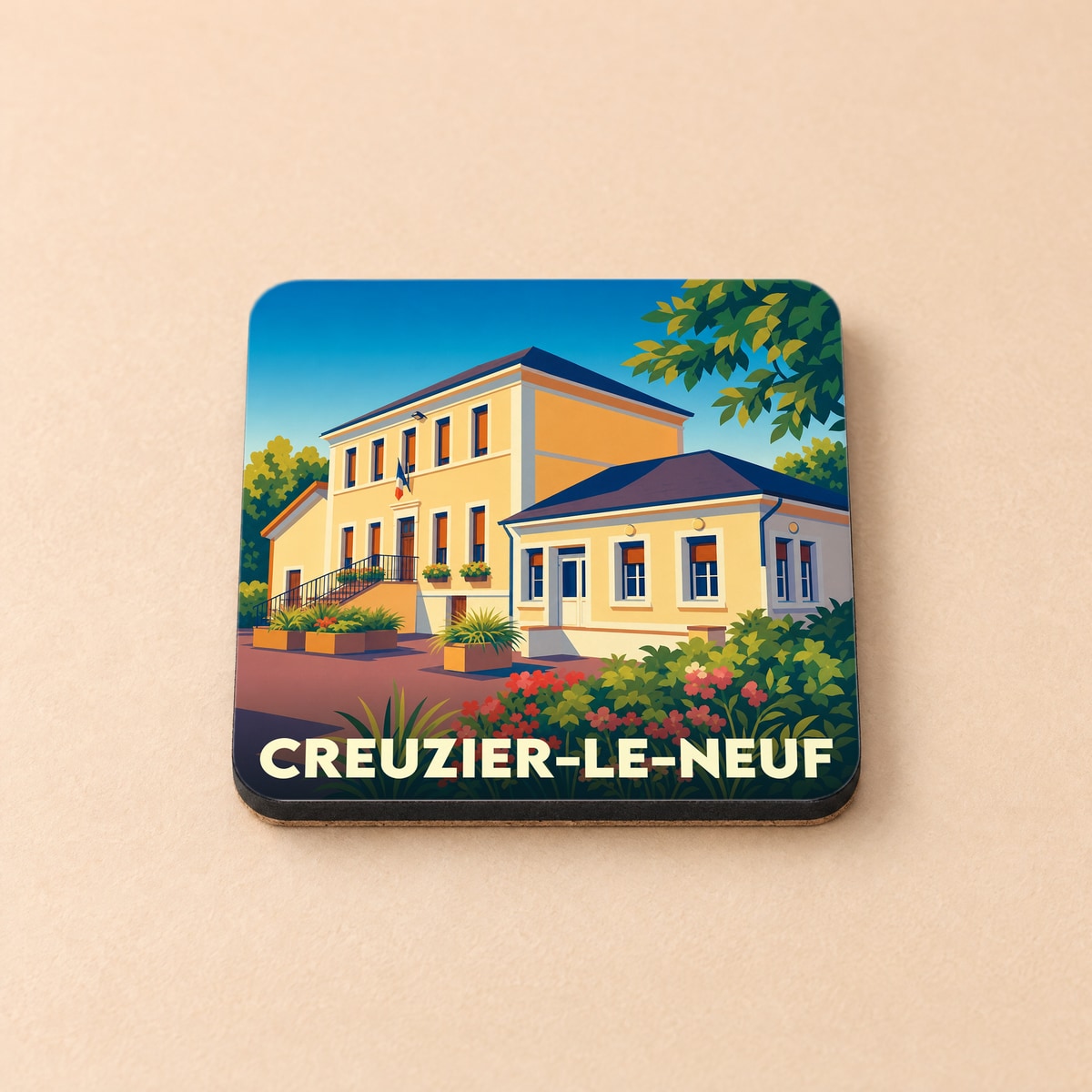 Dessous de verre souvenir de la ville de Creuzier-le-Neuf avec une illustration stylisée de sa mairie.