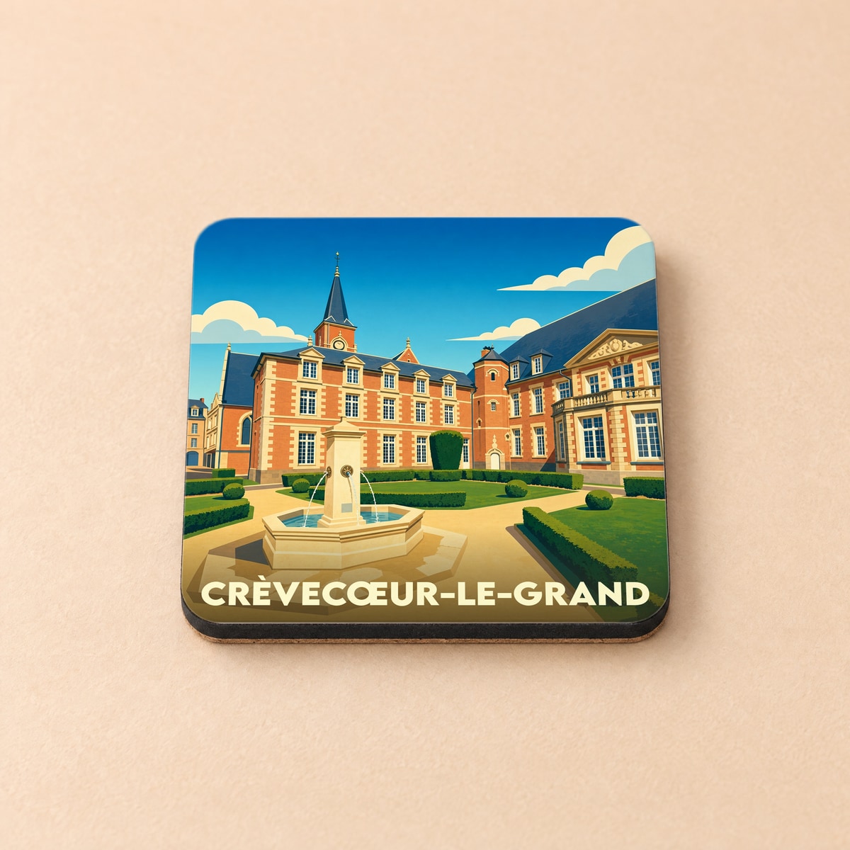 Dessous de verre souvenir de la ville de Crèvecœur-le-Grand avec une illustration stylisée du château et de sa fontaine.