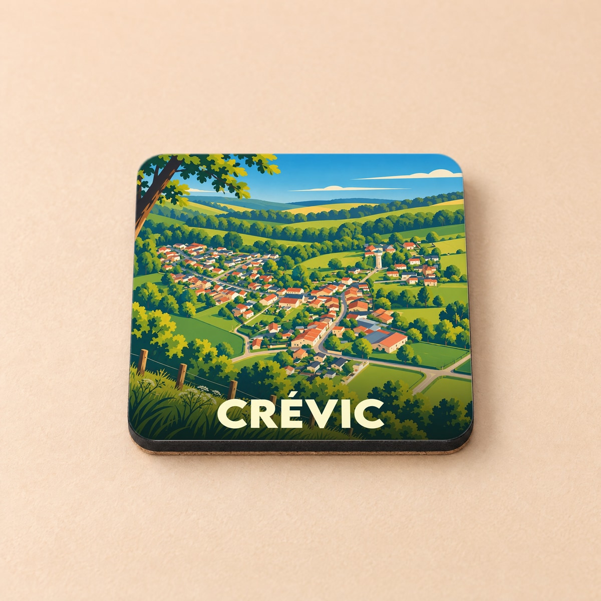 Dessous de verre souvenir de la ville de Crévic avec une illustration stylisée de son paysage vallonné.