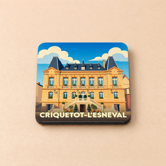 Dessous de verre souvenir de la ville de Criquetot-l'Esneval avec une illustration stylisée de son hôtel de ville.