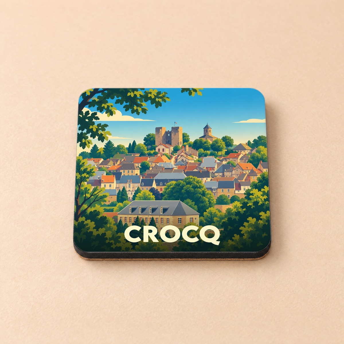 Dessous de verre souvenir de la ville de Crocq avec une illustration stylisée d'un village médiéval.