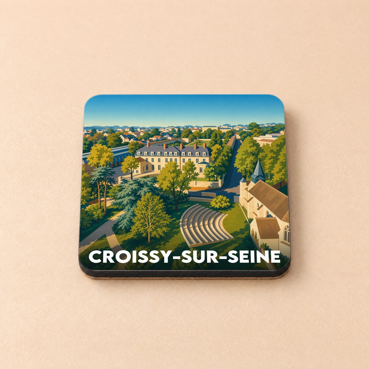 Dessous de verre souvenir de la ville de Croissy-sur-Seine avec une illustration stylisée.