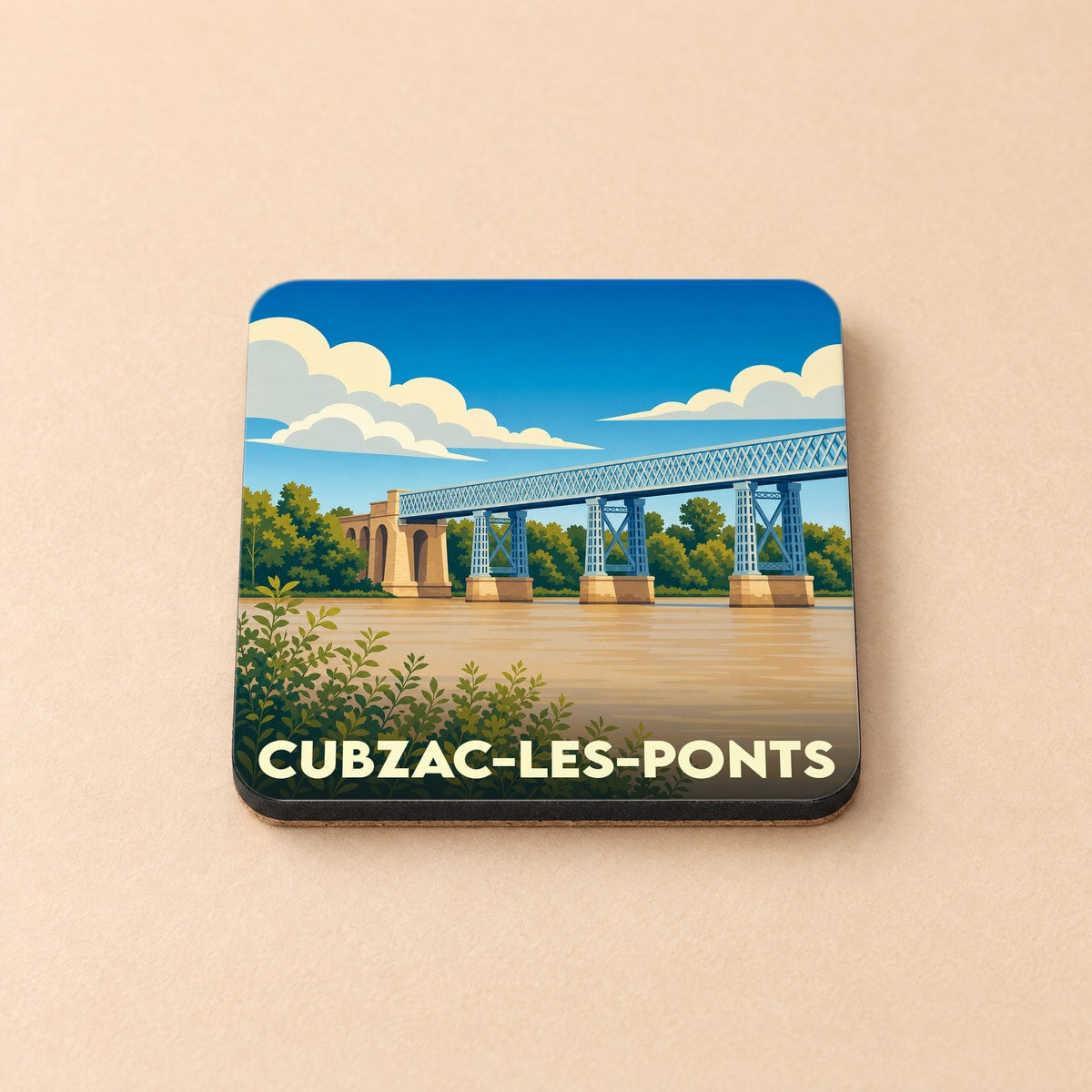 Dessous de verre souvenir de Cubzac-les-Ponts illustré d'un pont enjambant une rivière dans un style graphique épuré.