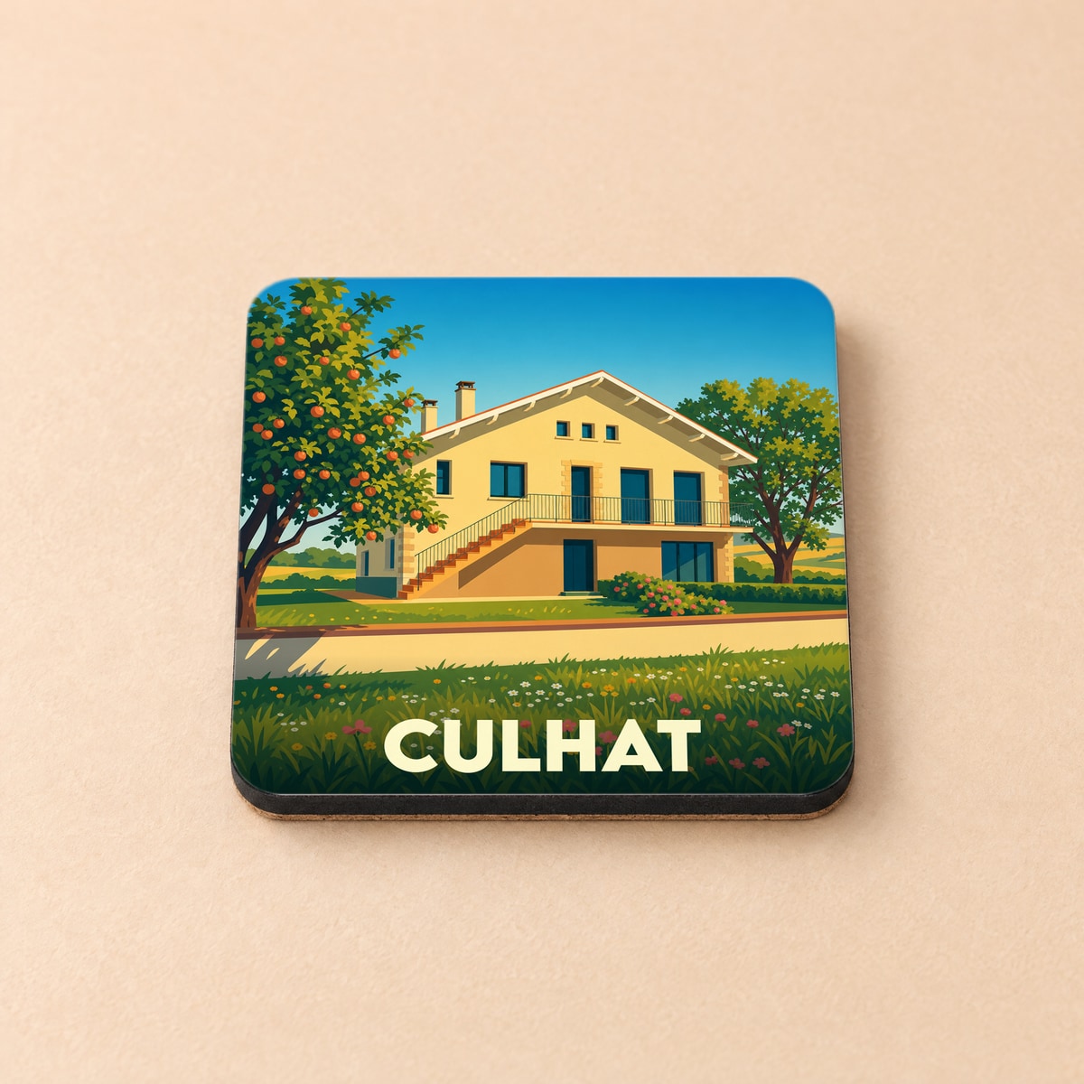 Dessous de verre souvenir de la ville de Culhat avec une illustration stylisée d'une maison de campagne.