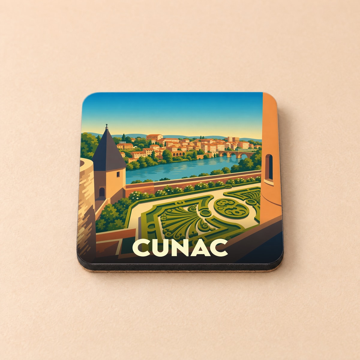 Dessous de verre souvenir de la ville de Cunac avec une illustration stylisée.
