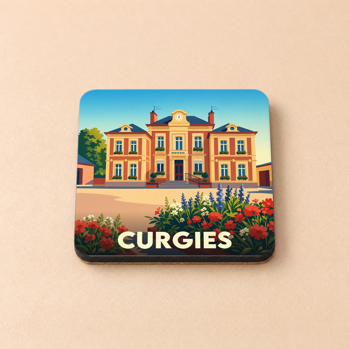 Dessous de verre souvenir de la ville de Curgies avec une illustration stylisée de la mairie et de fleurs colorées.