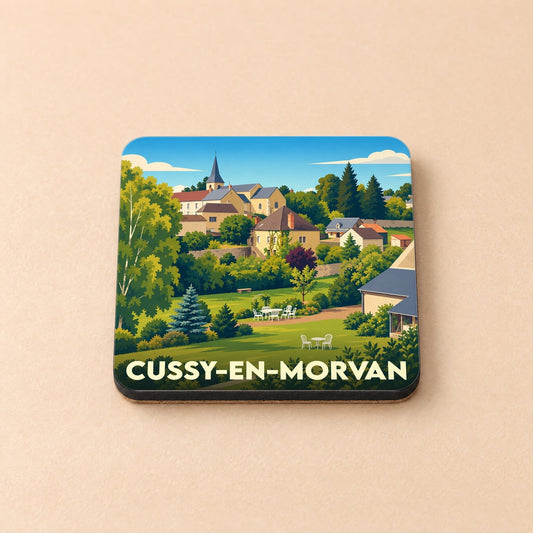 Dessous de verre souvenir de la ville de Cussy-en-Morvan avec une illustration stylisée et colorée du village.