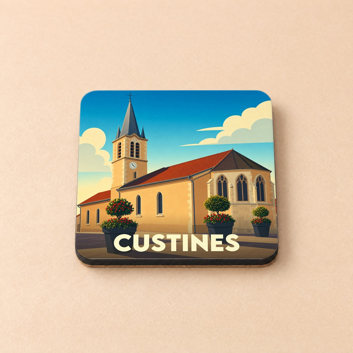 Dessous de verre souvenir de la ville de Custines avec une illustration stylisée de son église sous un ciel bleu.