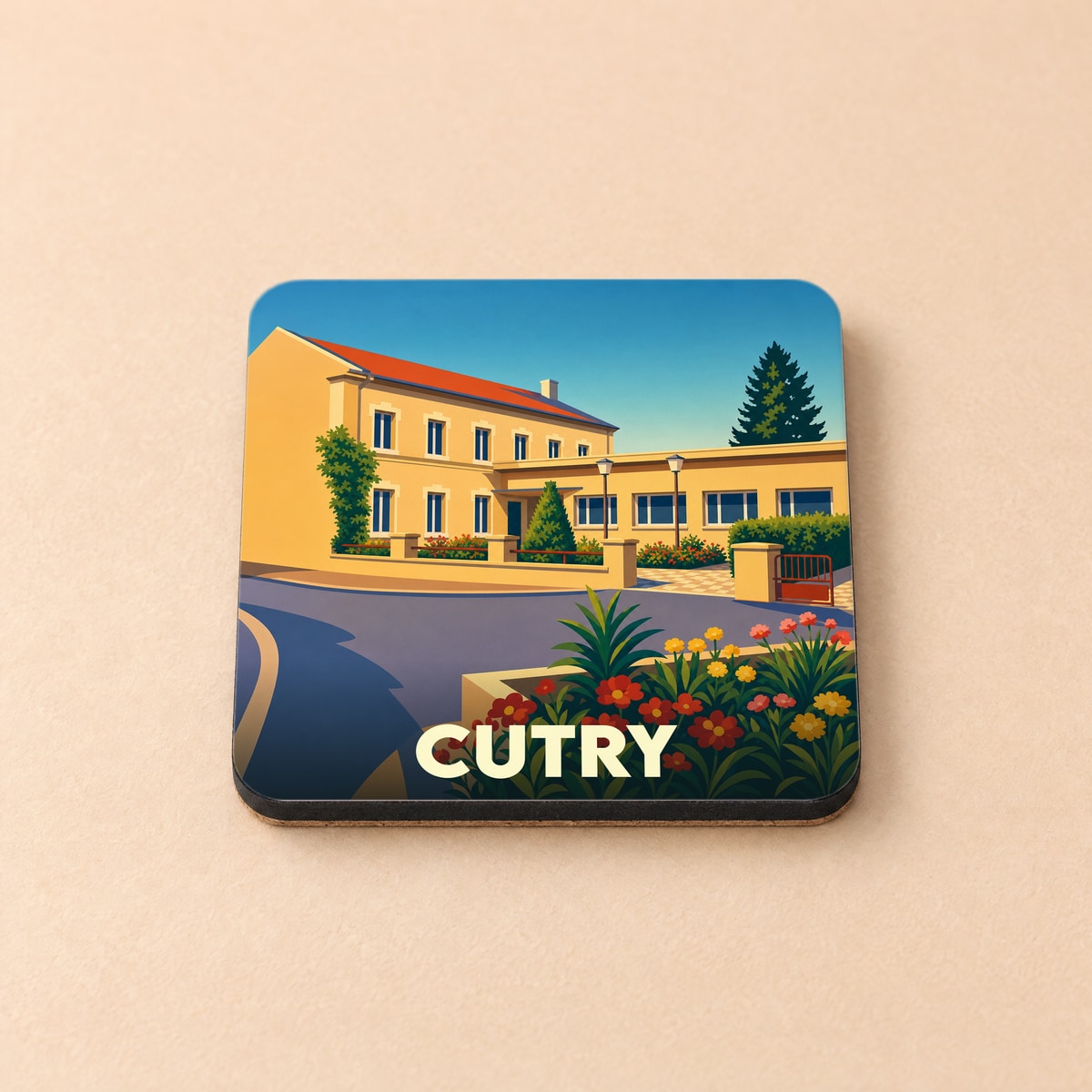 Dessous de verre souvenir de la ville de Cutry avec une illustration stylisée de sa mairie.