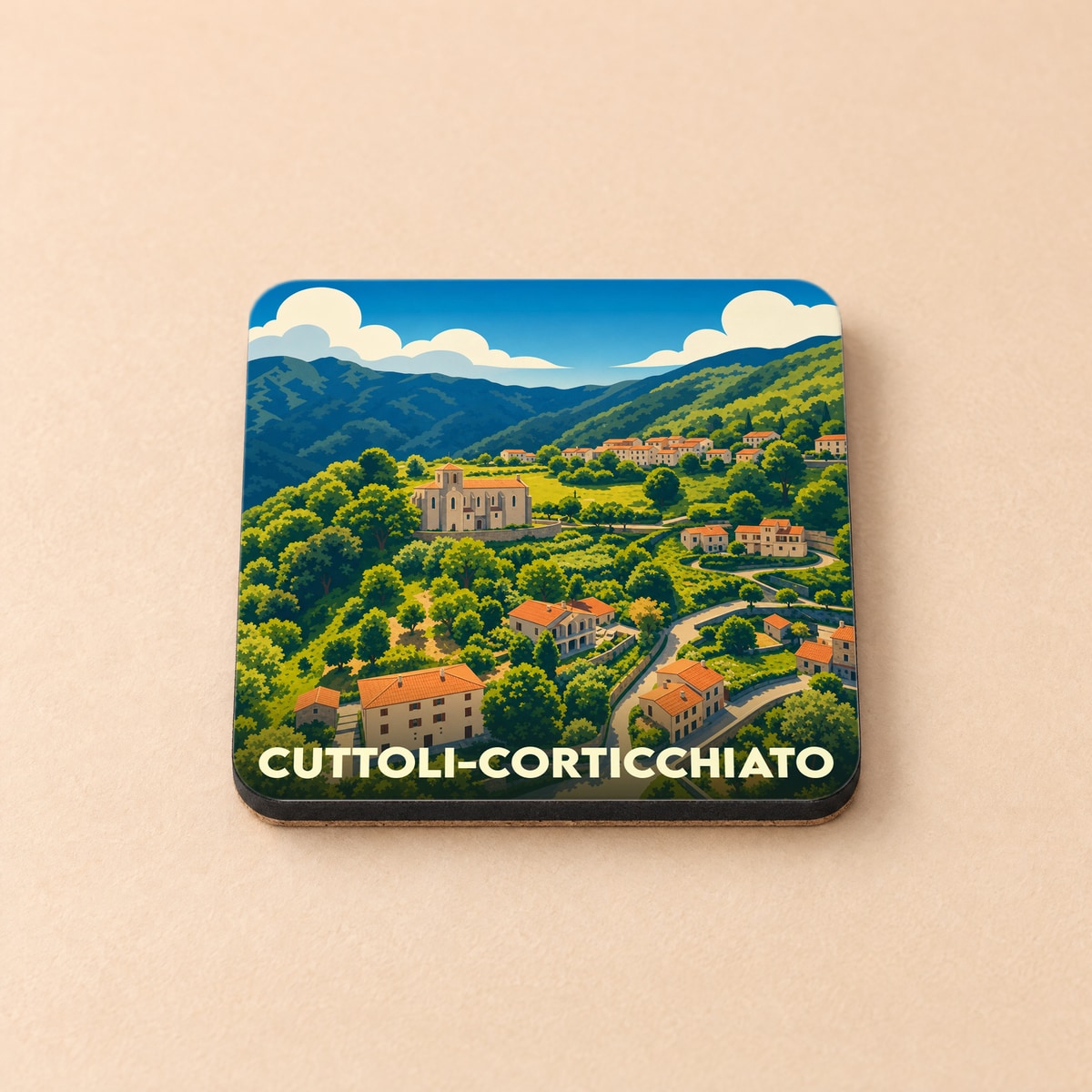 Dessous de verre souvenir de Cuttoli-Corticchiato illustrant le village dans un style graphique coloré.